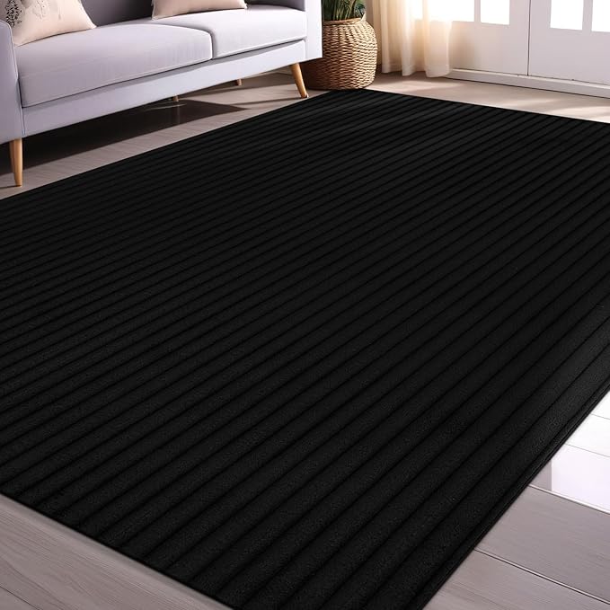 Beverly Rug Non Slip Area Rug 4 x 6 Modern Durable Ultra Soft Ribbed Indoor Rugs for Living Dining Room Office Stain Resistant Non Shedding Casual Easy Shag Indoor Carpet Black 4x6