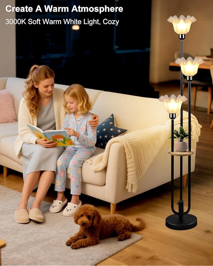 ACOHOOK Flower Floor Lamp for Living Room, Dimmable Vintage Floor Lamp with Shelf &3 LED Bulbs, 3 Light 3000K Soft Warmwhite Mid Century Black Standing Lamp, Floral Tall Lamp for Bedroom Office