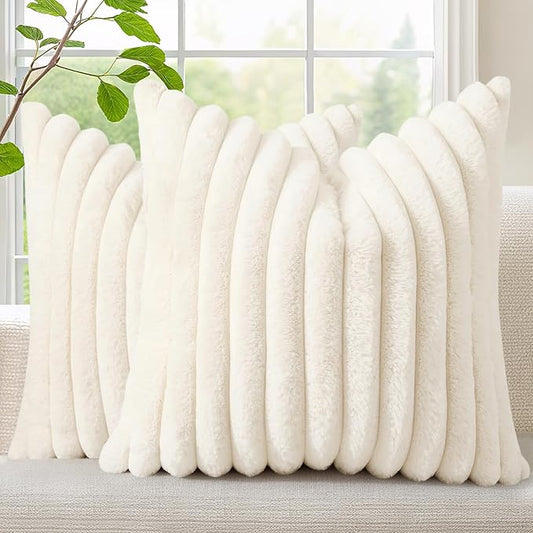 decorUhome Faux Fur Spring Throw Pillow Covers 16x16 Set of 2, Decorative Soft Plush Striped Neutral Couch Pillow Covers with Velvet Back for Sofa, Bed, Living Room Home, Cream White