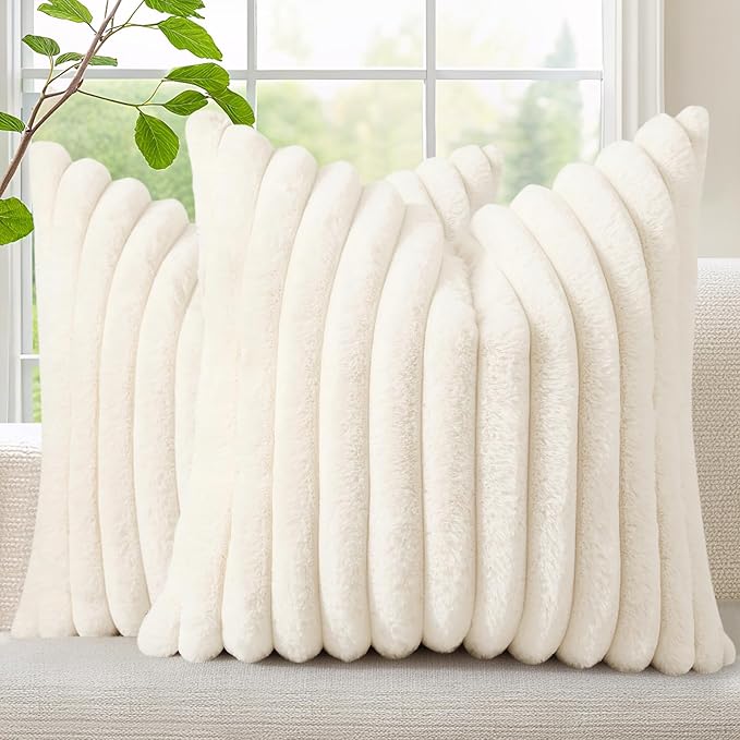 decorUhome Faux Fur Spring Throw Pillow Covers 22x22 Set of 2, Decorative Soft Plush Striped Neutral Couch Euro Sham Pillow Covers with Velvet Back for Sofa, Bed, Living Room Home, Cream White