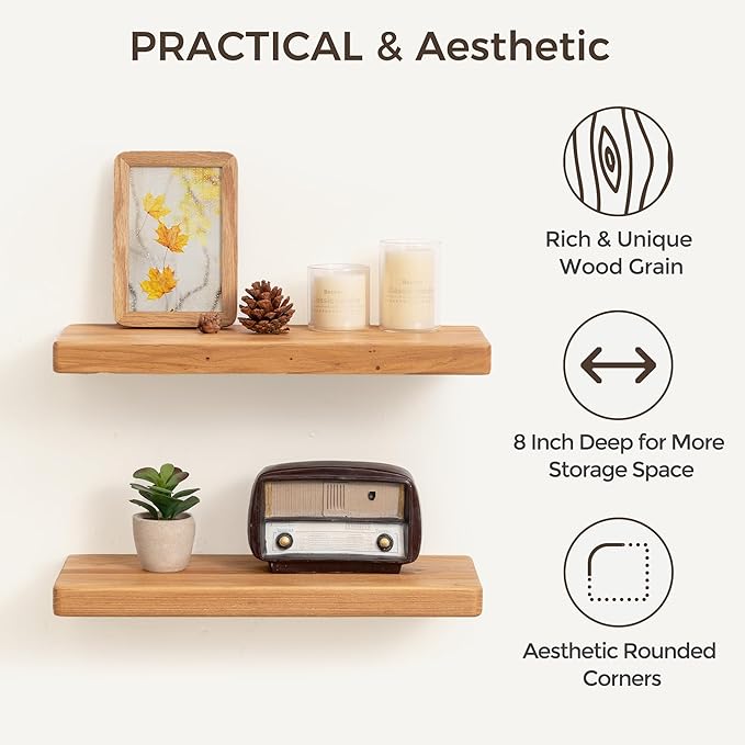 Fun Memories Floating Shelves for Wall, Rustic Wood Floating Shelf for Home Decor, Solid Elm Wood Wall Shelf Heavy-Duty Bracket, Wooden Bathroom Shelves 16 Inches Long Set of 2