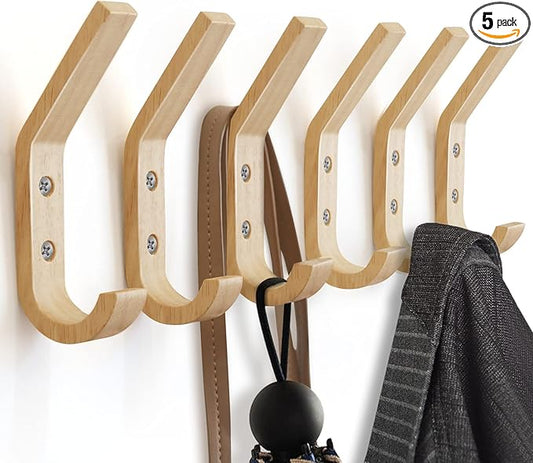 Wooden Coat Hooks Wall Hooks,Rustic Natural Oak Wood Wall Hooks for Hanging Decorative Vintage Organizer Heavy Duty Entryway Wall Mounted Hangers Hooks for Hat Rack,Coats,Towels, Key,Bags(6 Pack)