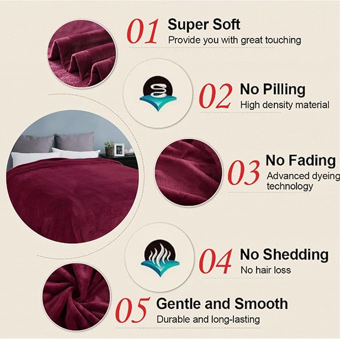 Soft Queen Size Blanket All Season Winter Warm Microplush Lightweight Thermal Fleece Blankets for Couch Bed Sofa,90x90 Inches,Burgundy