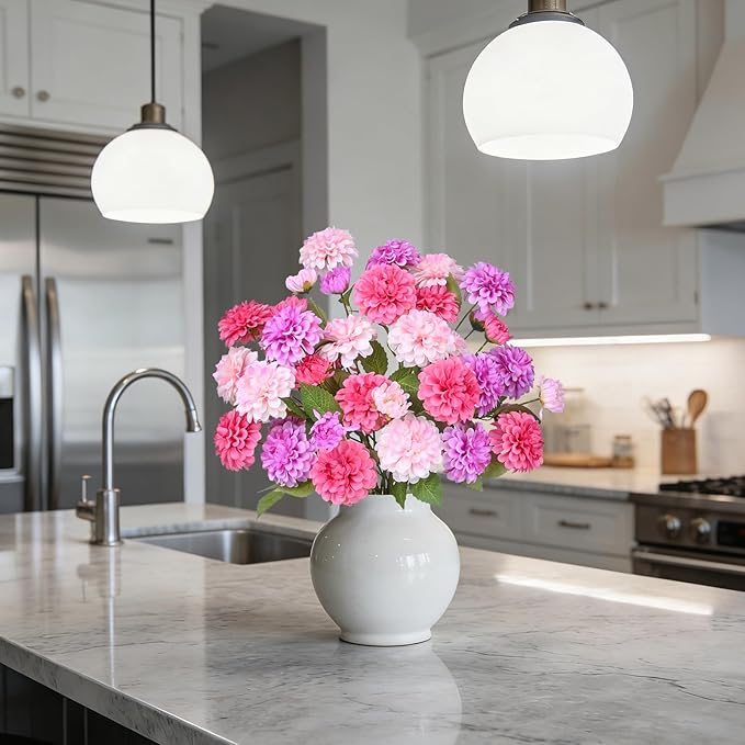 12Pcs Fake Artificial Pompon Mums Flowers Indoor with Long Stems Ball Chrysanthemum Faux Silk Flowers for Vase Floral Arrangement for Spring Home Decor Centerpieces for Table Kitchen Decoration