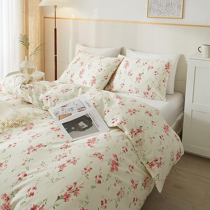 Boho Floral Duvet Cover Twin XL Soft Cotton Pink Floral Bedding Set Chic Garden Style Cute Flower Pattern Duvet Cover Vintage Floral Botanical Comforter Cover 1 Twin XL Duvet Cover with 2 Pillowcases