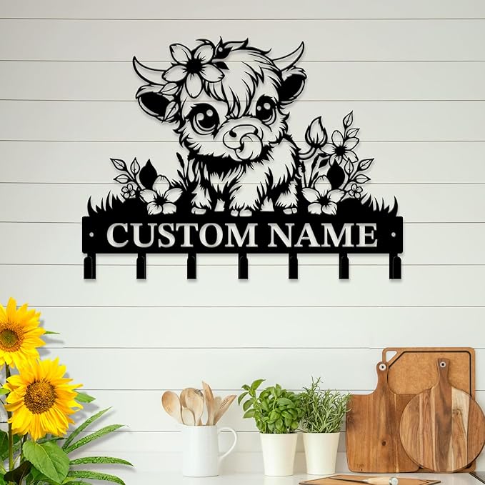 magilab Personalized Custom Highland Cow Wall Hooks,Metal Highland Cow Art Clothes Hooks,Metal Highland Cow Wall Home Storage Decorative,for Front Door, Hallway, Kitchen, Bedroom,Keys,Hats (Style E)