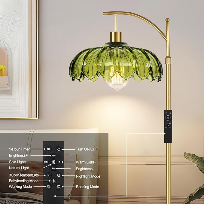 ZECOXOL Gold Floor Lamps for Living Room Vintage Green Floor Lamp with Remote Control & Glass Lampshape,Dimmable Mid Century Modern Standing Lamp Tall Flower Lamp Brass Floor lamp for Bedroom Corner