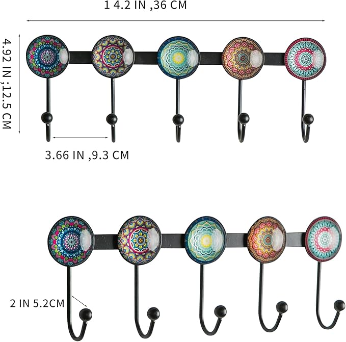 Boho Coat Rack Wall Mounted with 5 Hooks, Multi-Color Mandala Pattern Decorative Wall Hooks for Hanging Hat, Key, Towel, Purse, Bag, and Robe - for Entryway, Bathroom, and Office