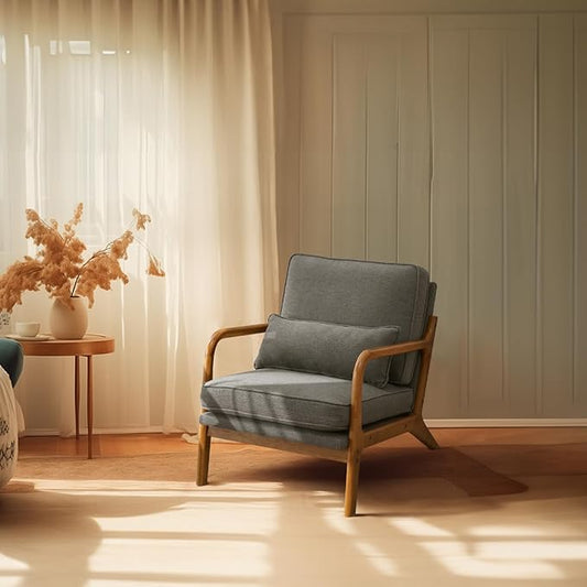 Bonnlo Linen Dark Grey Mid Century Modern Accent Chair, Soild Wood Padding Lounge Armchairs Side Sitting Chairs for Living Room, Bedroom, Guest Room