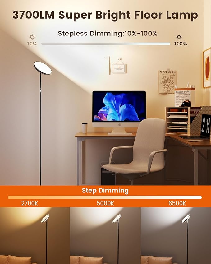 WOWLUMEN UFO Floor Lamp 71in, Upgraded 42W 3700LM LED Torchiere Floor Lamps for Living Room, Modern Tall Bright Standing Light with Remote, Dimmable Sky Light,1/2/3H Timer for Bedroom,Office(Black)