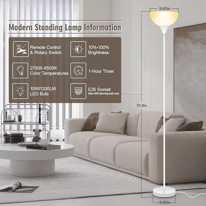 Floor Lamps for Living Room, 71'' Torchiere Floor Lamps with Remote, 2700K-6500K Colors Temperature & Brightness Adjustable, 10W/1200LM White Dimmable Floor Lamp,Tall Standing Lamp for Bedroom/Office
