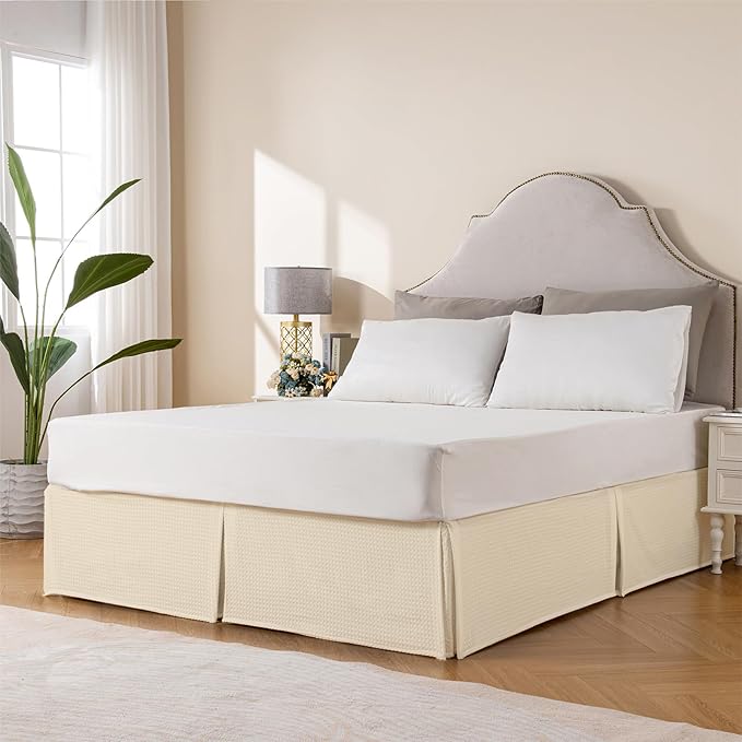 MIYE Pleated Waffle Weave Bed Skirt, Tailored Dust Ruffle 14 Inch Drop Easy Fit, Machine Washable,No Split Corners (Light Beige, Cal King - 14" Drop)