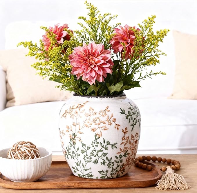 Green and White Vase - 7.1 Inchs Vintage Ceramic Vases for Home Decor, Farmhouse Flower Vase for Living Room and Kitchen, Vintage Pottery Decor for Table Shelf and Mantle, Chinoiserie Decor Vases
