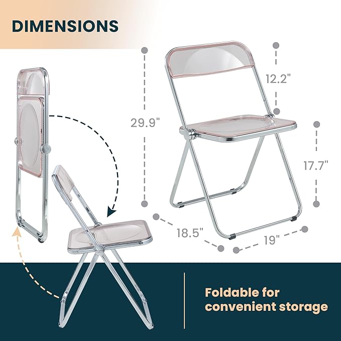 LeisureMod Lawrence Modern Clear Acrylic Folding Chair with Metal Frame, Space-Saving Transparent Seating for Dining Room, Home Office, Bedroom, Vanity or Small Spaces, (Rose Pink, Singles)