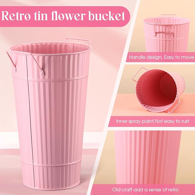Layhit 6 Pcs 12 Inch Galvanized Flower Buckets Metal Flower Vases with Handle Farmhouse French Bucket Planter Floral Container for Flowers Wedding Bridal Shower Home Table Decor(Pink)