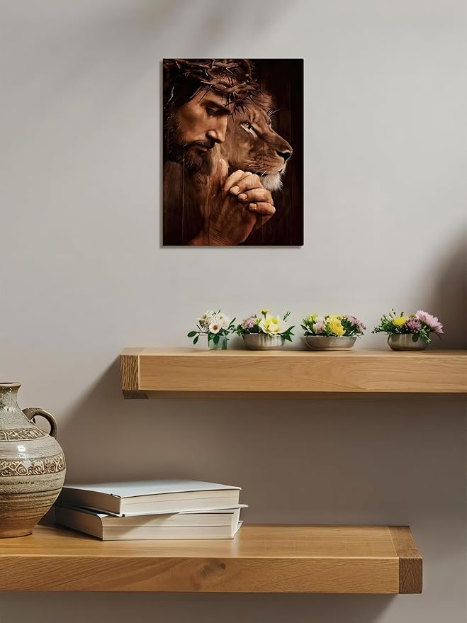 Framed Christian Jesus Canvas Wall Art, Lion of Judah Pictures Wall Decor, Biblical Paintings Prints Religious Home Decor for Living Room Bedroom Church Prayer Room 12x16 inch
