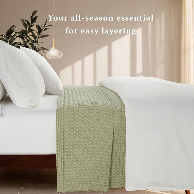 Threadmill Cooling Blanket Twin Size Waffle Weave| Breathable, Lightweight & Ultra-Soft | Made from Rayon Derived from Bamboo | Waffle Throw for Couch and Sofa | 68 x 92 Inches | Sage Green