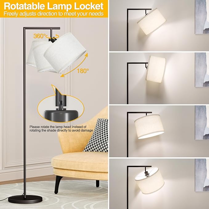 CNXIN Floor Lamp for Living Room with 3 Color Temperatures Standing Lamp with Adjustable Beige Linen Lampshade Tall Lamps for Bedroom Office Classroom Dorm Room, 9W LED Bulb Included, Black