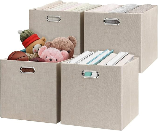 Posprica Collapsible Storage Cubes,11×11×11 Fabric Storage Bins Containers Drawers,4pcs, Beige