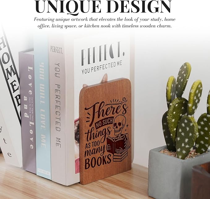 Book Lover Gifts for Women Men, Skull Bookends, Novelty Bookends Unique, Heavy Duty Wooden Book Ends for Shelves Decorative(1 Pair, 4.72x6.69 Inches) - NoSuch