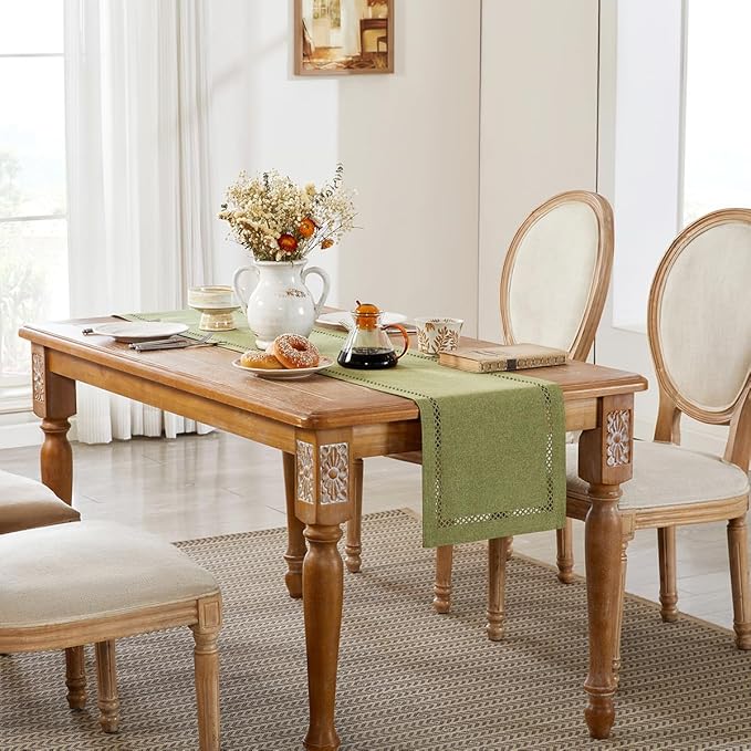 Burlap Style Farmhouse Table Runner, 13 x 60 Inch Sage Green, Rustic Geometric Hollow Table Runners 60 Inches Long for Dresser Table Everyday Use, 13x60 Inches, Sage Green