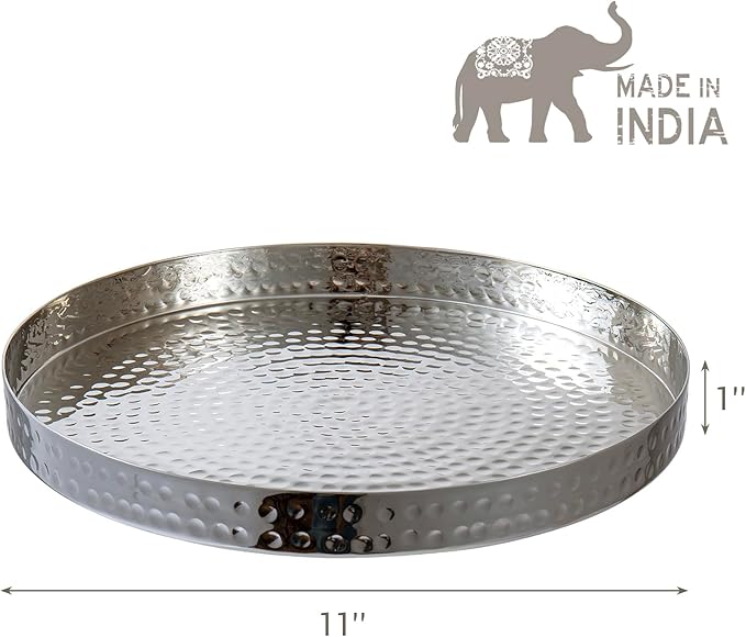 MyGift 11 Inch Silver Round Tray - Hammered Metal Serving Tray & Decorative Silver Platter for Vanity Display - Handcrafted in India