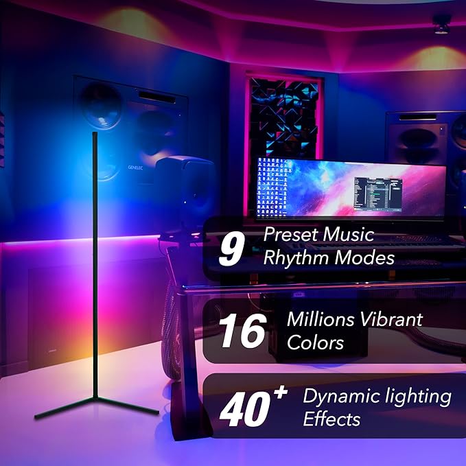 Corner Floor Lamp, LED Ambient Mood Lighting for Living Room - Color Changing RGB Floor Lamps with Music Sync, Modern Home Lighting for Gaming Room Decor