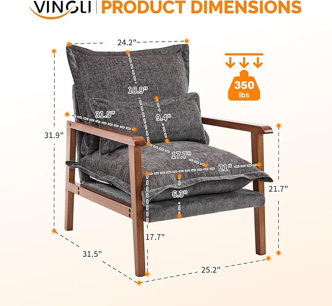 VINGLI Mid-Century Modern Cloud Accent Armchair with Lumbar Pillow, 6.3'' Thick Seat Cushion Comfortable Reading Chair with Wooden Armrests，Boho Lounge Chair for Bedroom, Living Room, Chenille, Grey