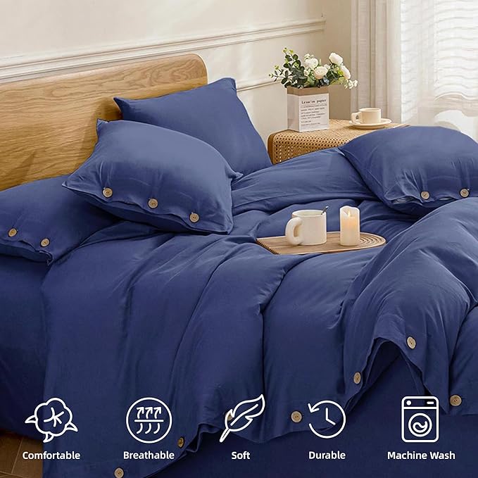 JELLYMONI Cotton Duvet Cover Full Size - Navy Blue Comforter Cover with Button 100% Washed Cotton 3PCS Breathable Soft Solid Bedding Set Duvet Cover 80×90in & 2 Pillowcases (NO Comforter)