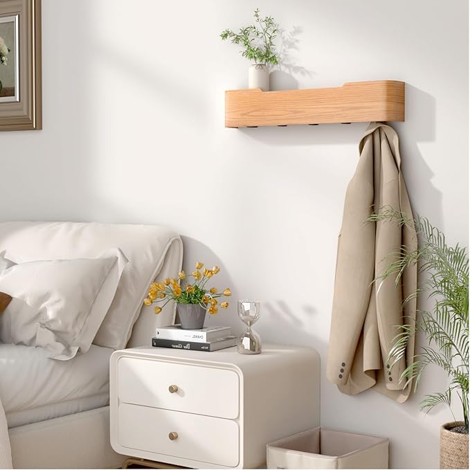 Coat Rack Wall Mount Entryway Organizer Modern Key Holder Wall Mount with Wooden Shelf Entryway Hooks for Bedroom Kitchen Hallway Bathroom for Hanging Coats Hats Dog Leashes Bags Towels (Oak, 5 Hooks)