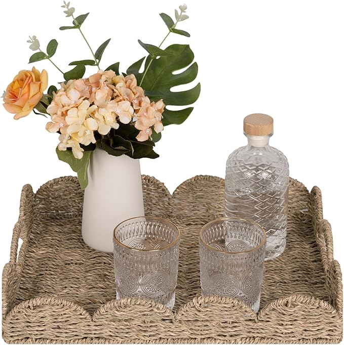 StorageWorks Rectangle Wicker Scalloped Tray, Rattan Serving Trays with Handles, Seagrass Basket for Decorative & Organizing, 15.75" L x 11.5" W x 2.75" H