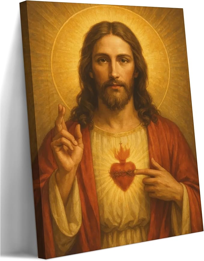 Sacred Heart of Jesus Canvas Wall Art Divine Mercy Wall Decor Jesus Portrait Painting Christian Religious Artwork Catholic Poster Prints for Bedroom Living Room Prayer Room Church 16x24in