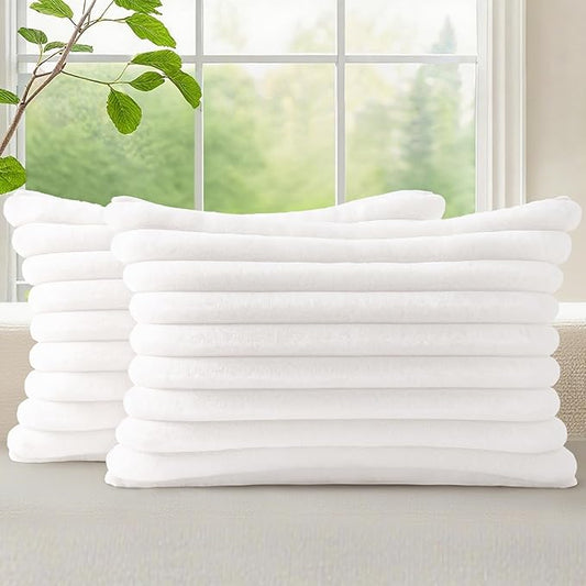 decorUhome Faux Fur Spring Throw Pillow Covers 12x20 Set of 2, Decorative Soft Plush Striped Lumbar Neutral Couch Pillow Covers with Velvet Back for Sofa, Bed, Living Room Home, White
