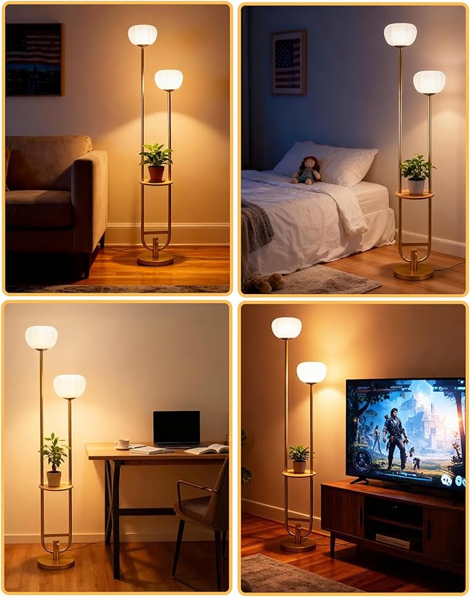 Lightdot 63IN Gold Floor Lamp Dimmable Standing Lamps with 2 Pumpkin Lampshades& Warm White LED Bulbs, Unique U-Pole Mid Century Modern Tall Lamp for Living Room/Bedroom/Wedding/Party