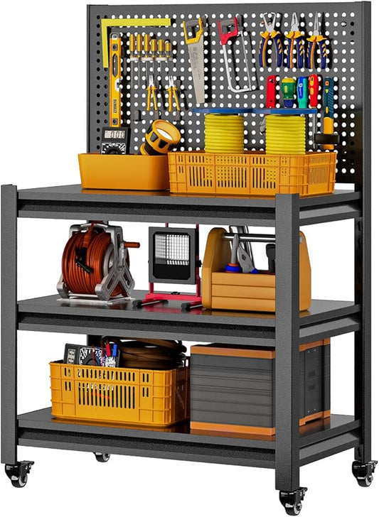 Metal Garage Shelving Unit with Pegboard, Heavy Duty 3000LBS Capacity Adjustable Industrial Storage Shelves, Mobile Steel Storage Rack for Garage, Warehouse, Basement, 47.2" H x 33.5" W x 18" D, Black