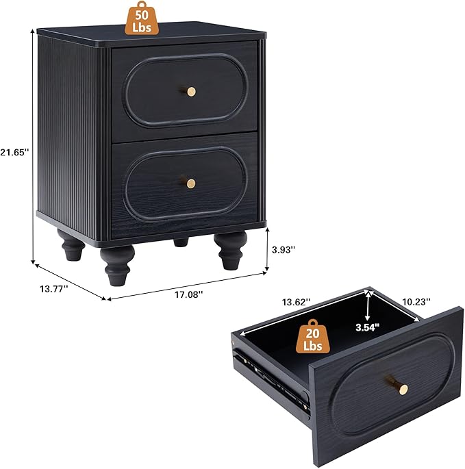 2 Drawer Fluted Nightstand, Mid Century Modern Farmhouse Night Stand Small End Table Bedside Table for Bedroom, Living Room, Black