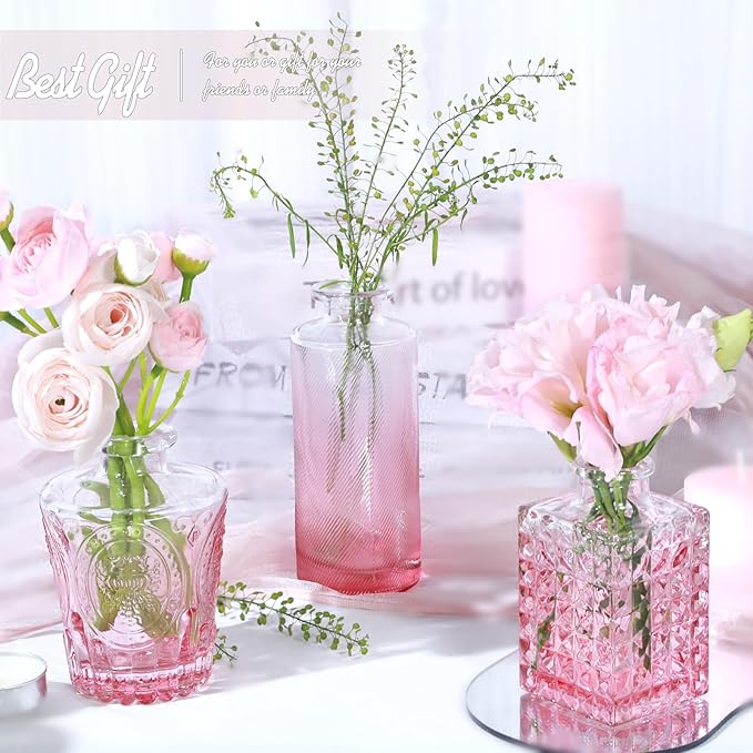 Valentine's Day Pink Glass Bud Vase Set of 24, Small Flower Vases for Centerpieces in Bulk, Mini Vintage Vase for Wedding Decor, and Home Table Décor