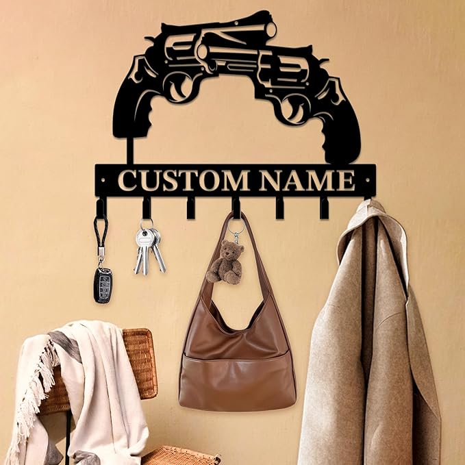 Personalized Custom Name Gun Wall Hooks,Metal Gun Room Art Clothes Hooks,Metal Gun Wall Home Storage Decorative,For Front Door, Hallway, Kitchen, Bedroom,Keys,Hats (Style B)