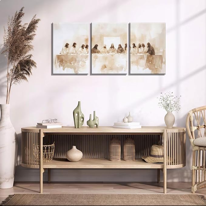 3Pcs Frame Jesus Last Supper Canvas Wall Art Christian Bible Famous Paintings Wall Decor Pictures Renaissance Painting Posters Prints for Corridor Dining Living Room Kitchen Bedroom Decoration 12x16in