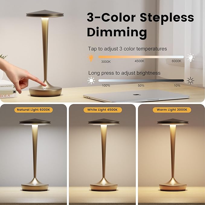 Cordless Lamp Rechargeable LED Table Light,48Hrs Battery Operated Table Lamp,Potable Lamp with Stepless Dimming and Waterproof Lamp for Kitchen,Dining,Shower,Outdoor Patio,Camping (2PBronze)