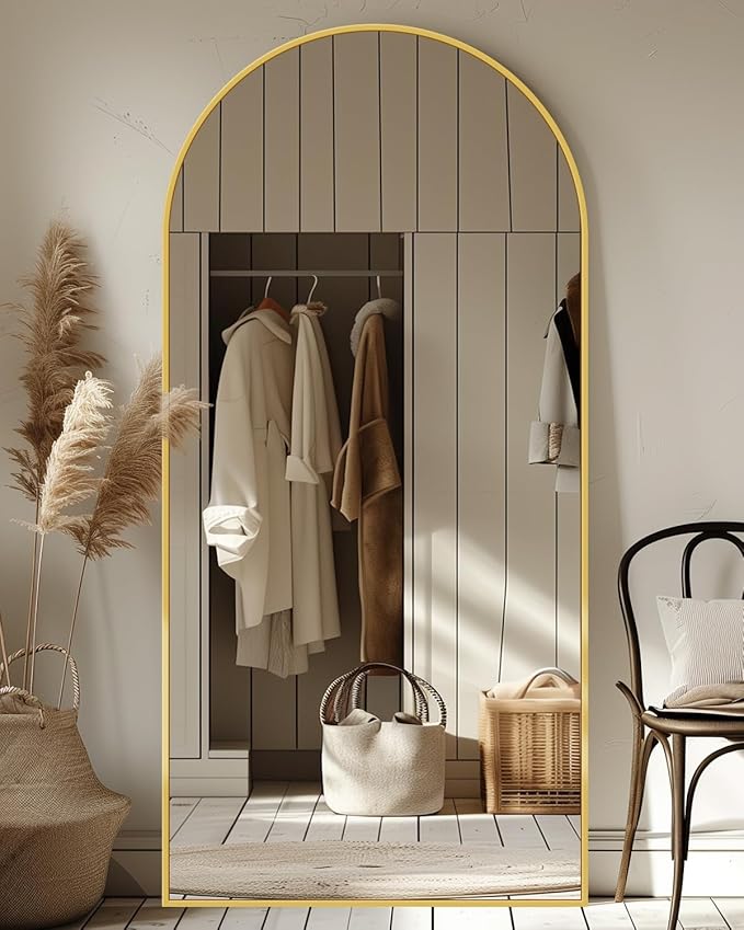 Antok Full Length Mirror, 71"x26" Floor Mirror with Stand, Hanging Mounted Mirrors for Bedroom, Living Room, Cloakroom, Dining Room, Gold, Arched