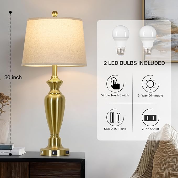 30" Tall Gold Table Lamp for Living Room, 3-Way Dimmable Touch Control Bedside Lamp for Bedroom Nightstand with USB A+C Ports & AC Outlet (1 Pack)