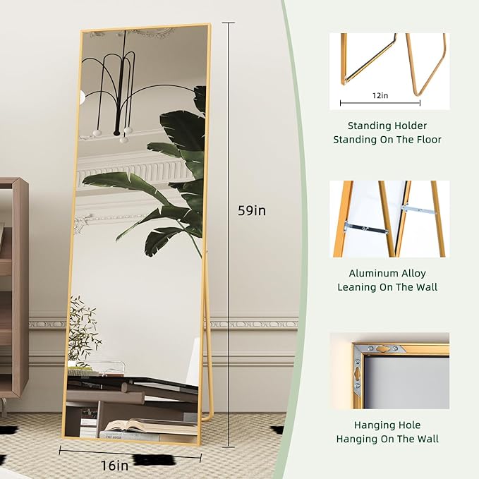 Beauty4U 59" x 16" Tall Full Length Mirror with Stand, Gold Wall Mounting Full Body Mirror, Metal Frame Full-Length Tempered Mirror for Living Room, Bedroom