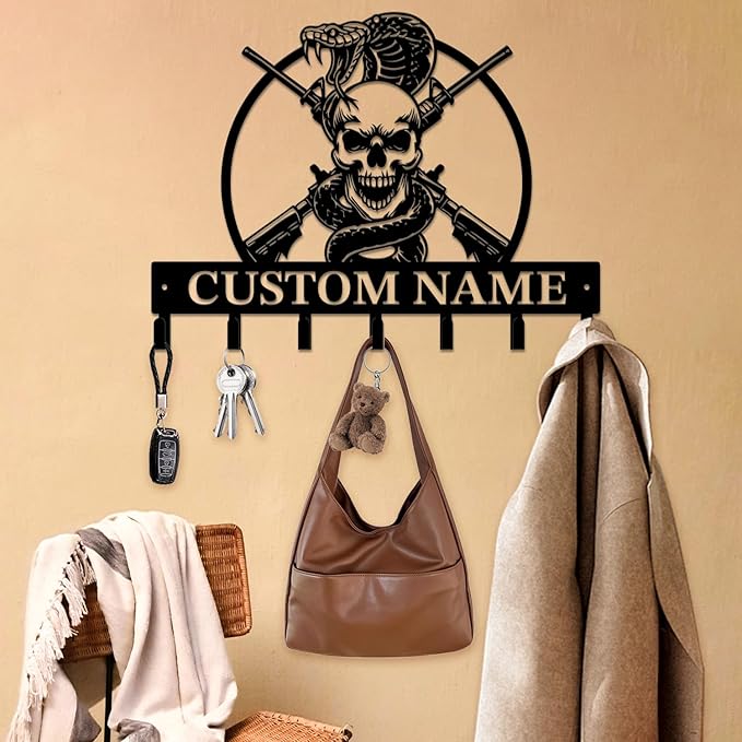 Personalized Custom Name Gun Wall Hooks,Metal Gun Room Art Clothes Hooks,Metal Gun Wall Home Storage Decorative,For Front Door, Hallway, Kitchen, Bedroom,Keys,Hats (Style L)