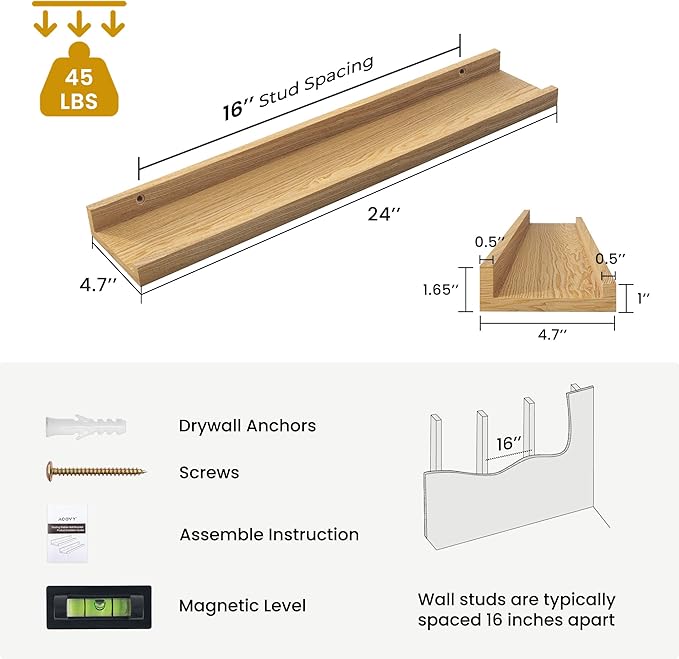 Solid Ash Wood Picture Ledge Shelf, 24 Inch Wood Floating Shelves with Lip Set of 2, Photo Ledge Shelf Nursery Bookshelf Wall Mounted for Living Room Bedroom Decor, Natural