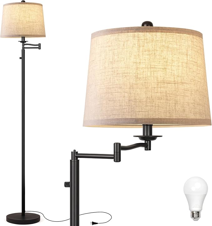 Ruiever Dimmer LED Floor Lamp,Tall Standing Lamp with Swing Arm,Black Lamp with Dimmer LED Bulb,Elegant Floor Lamp for Living Rooms & Bedroom (Black)