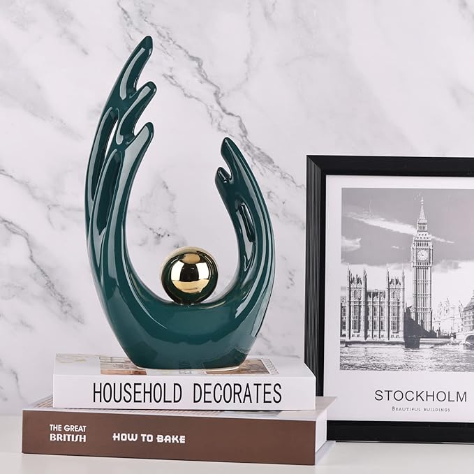 LCCCK 12" H Teal Gold Aesthetic Room Decor Accent, TV Stand Funky Table Centerpiece, Abstract Art Ceramic Statue and Sculpture, Teal Decor for Living Room, Bookshelf Decorative Objects, Shelf Decor