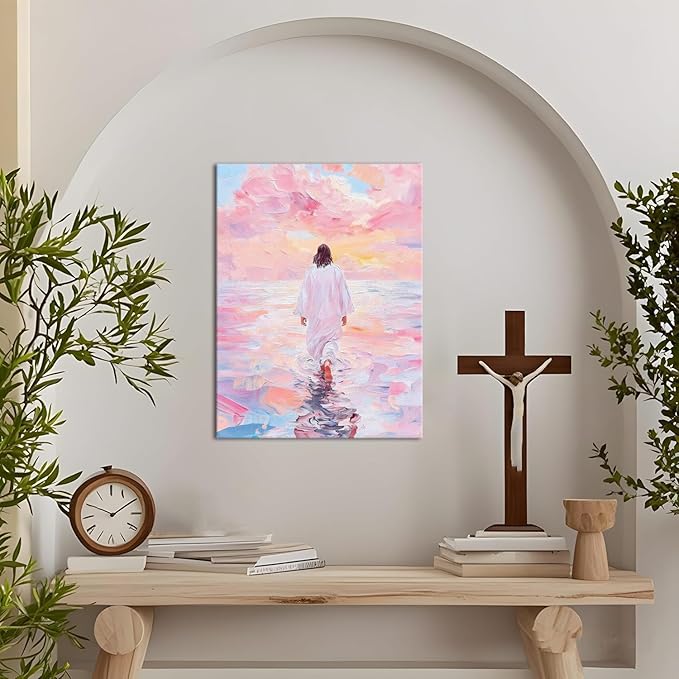 Pink Jesus Walking On Water Wall Art Religious Christian Oil Painting Canvas Wall Decor Religious Savior Poster Aesthetic Pictures for Living Prayer Room Church Bedroom 16x24 in Framed