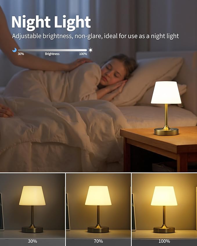 PUSU Cordless LED Gold Small Table Lamp, Waterproof Shower Light with 4000mAh Battery, Portable Rechargeable Touch Dimming Night Light for Bathroom, Outdoor Camping, Kitchen, Patio, Restaurant