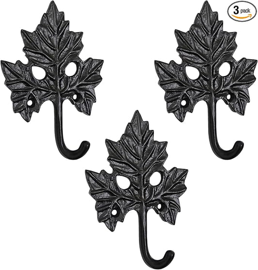 Set of 3 Cast Iron Maple Leaf Shape Coat Hooks Wall Art Decor-Maple Leaf Shape Hangers and Key Holder-Clothes Rack and Backpack Hanger-Coat Hooks Home Decor for Storage, Living Room, Hallway, Office